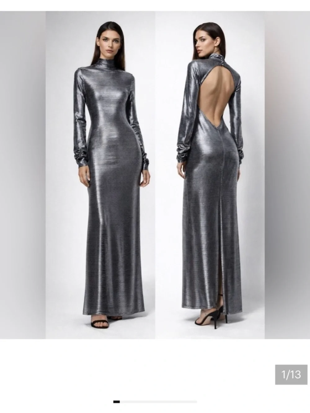 NWT Free People Metallic Silver Long Sleeve Open Back Evening Gown - Picture 1 of 10